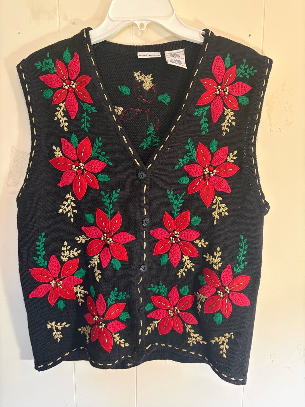 Vintage Bobbie Brooks Christmas Sweater Vest M 8/10 Beaded Poinsettia Black Red